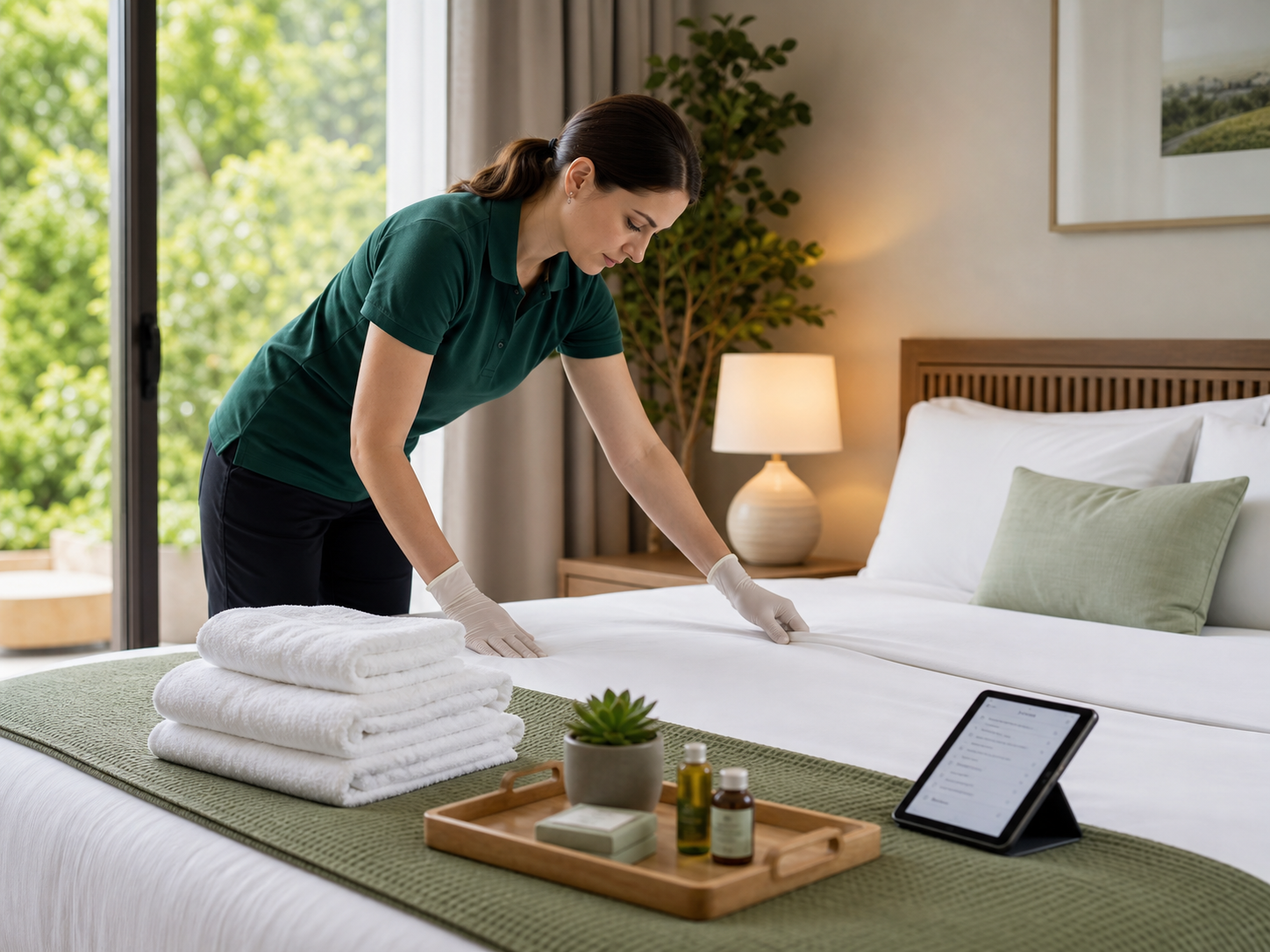 Professional Airbnb turnover cleaner preparing a guest room